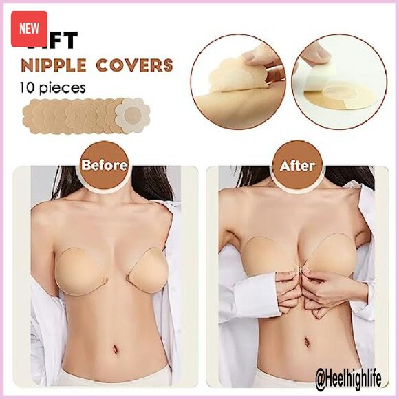 Reusable Strapless Push Up Adhesive Bra with Nipple Covers A-D Cup - Picture 5 of 8